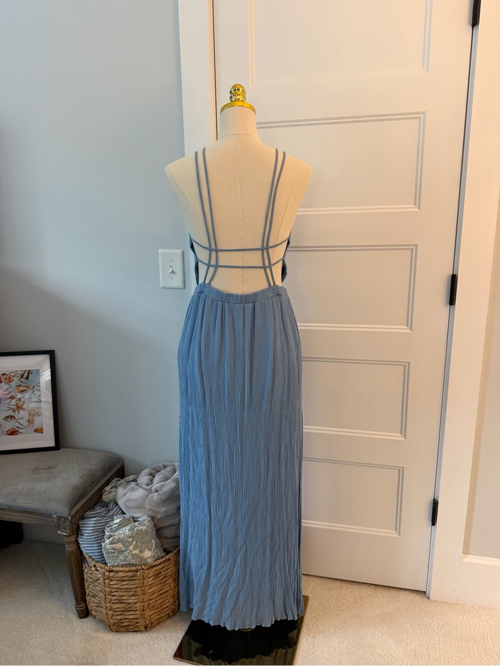 Lulu's Dusty Blue Backless Pleated Maxi Dress with V-Neck - Picture 4 of 5